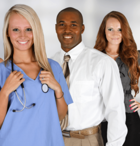 Nurse standing with a man and woman discussing medical issues